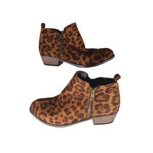 Pierre Dumas Leopard Print Ankle Booties Faux Suede Low Block Heel Brown Tan 6.5